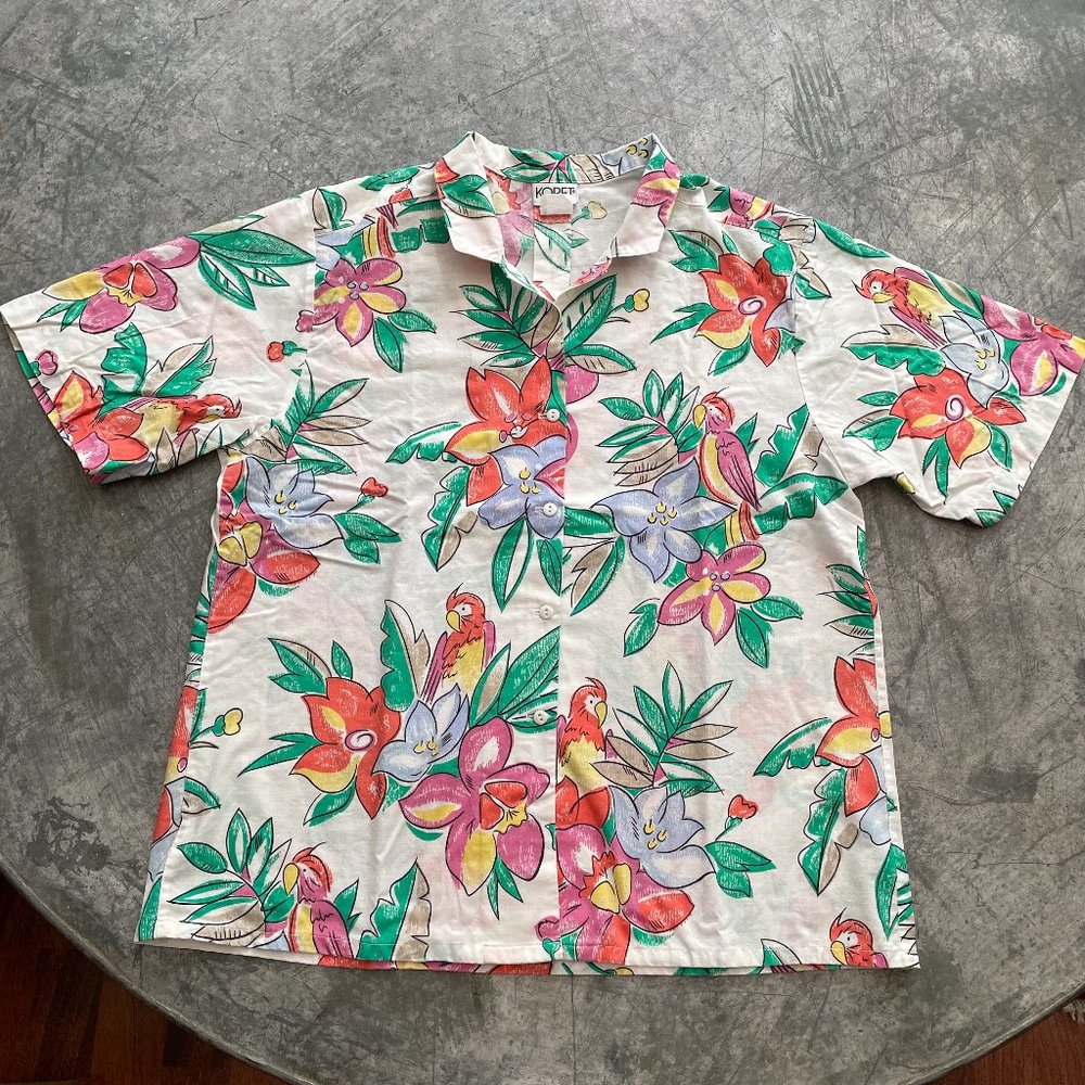 Vintage White Button-Down Shirt with Multicolor Tropical Floral Print